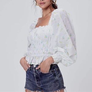 For Love & Lemons Azalea Eyelets Embroidered Smocked Top